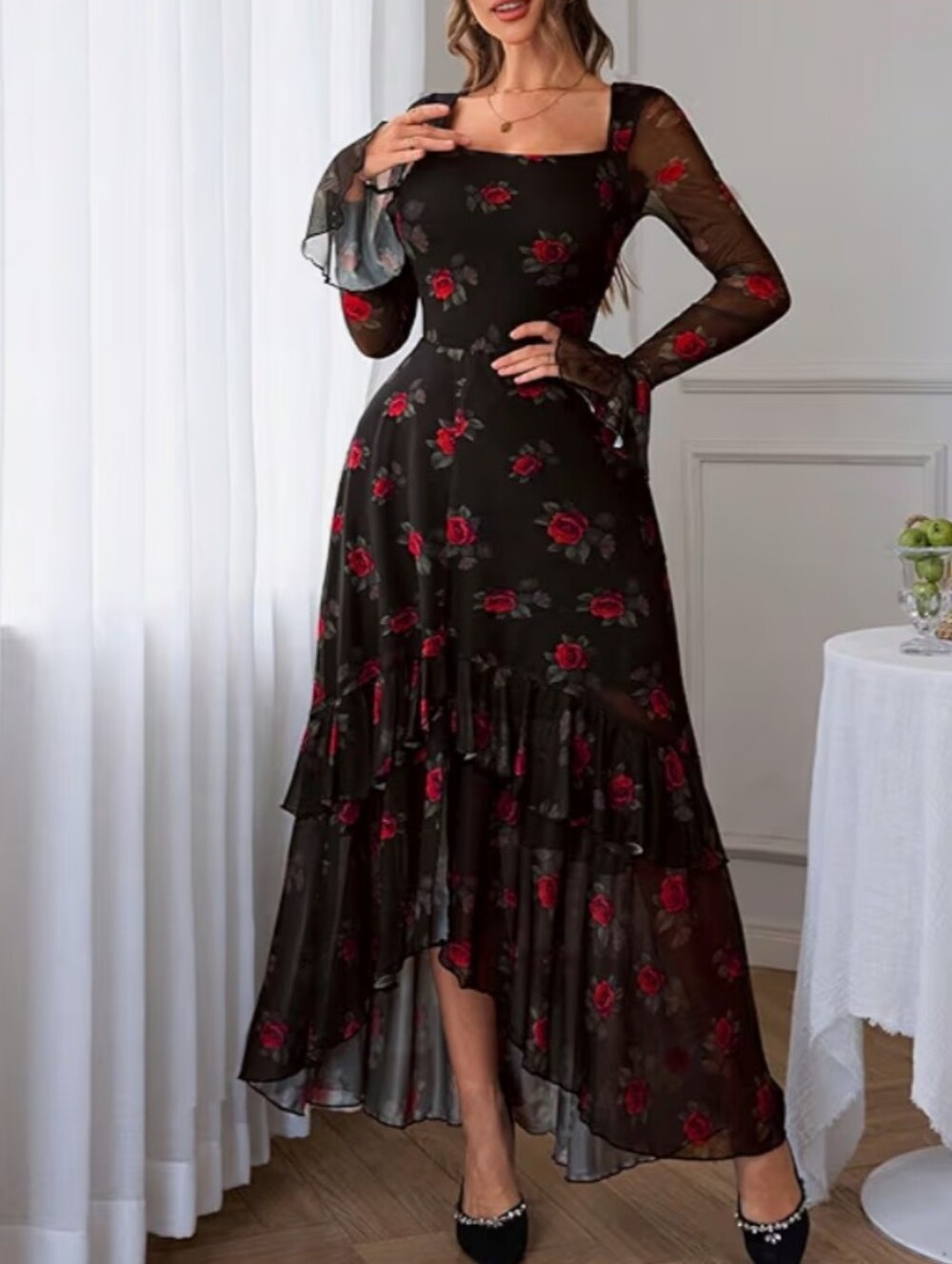 NWT Red Rose Floral Mesh Ruffle High Low Maxi Dress Square Neck